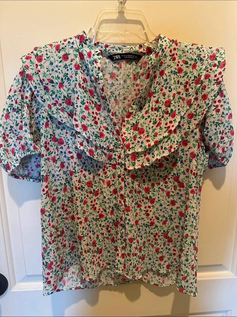 Zara White Blouse with Pink & Green Floral Print and Ruffled Collar
